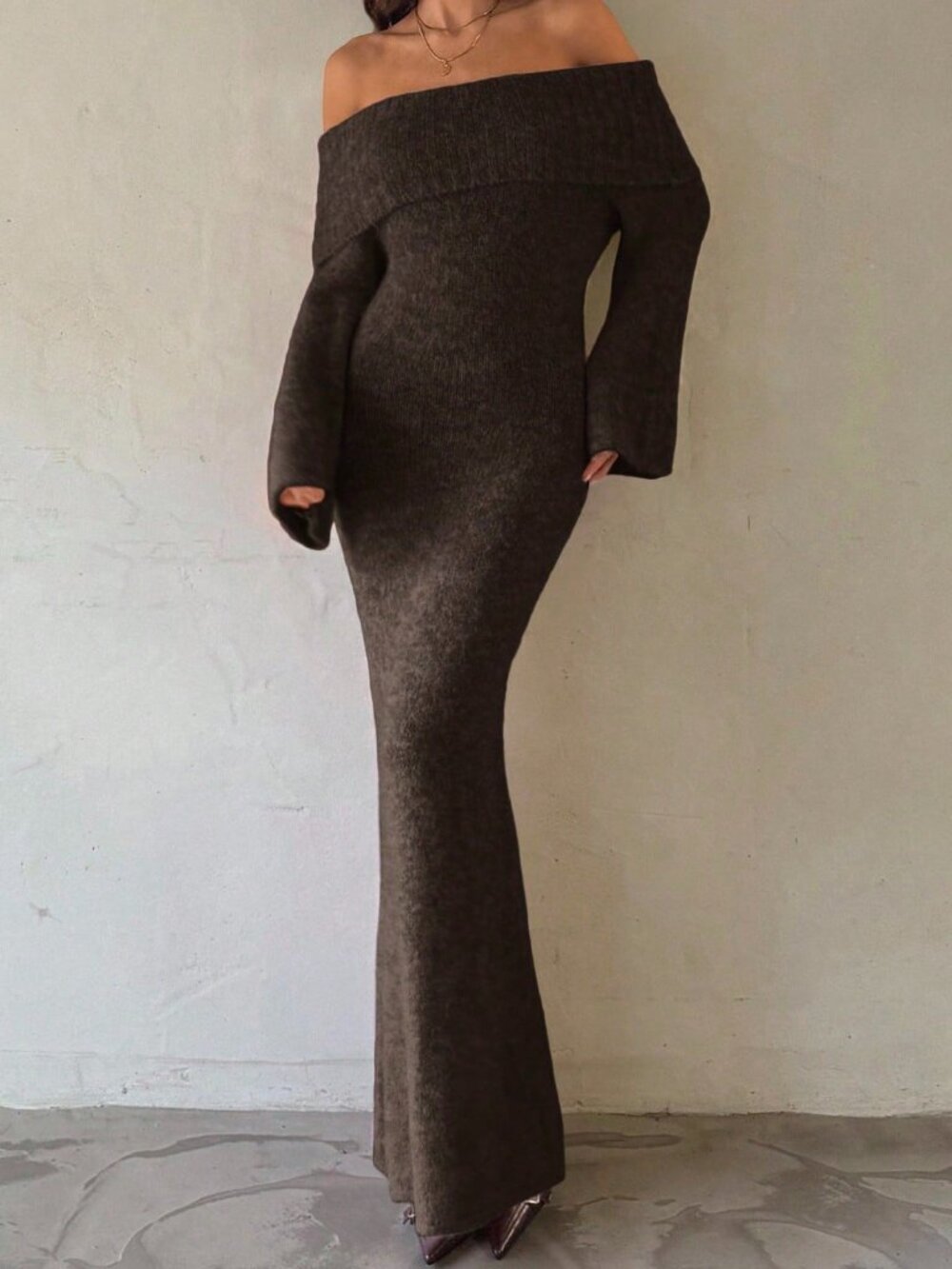 Brown Elegant Women's Rib-Knit Zipper Off Shoulder Slim Fit Bodycon Dress - Picture 7 of 7